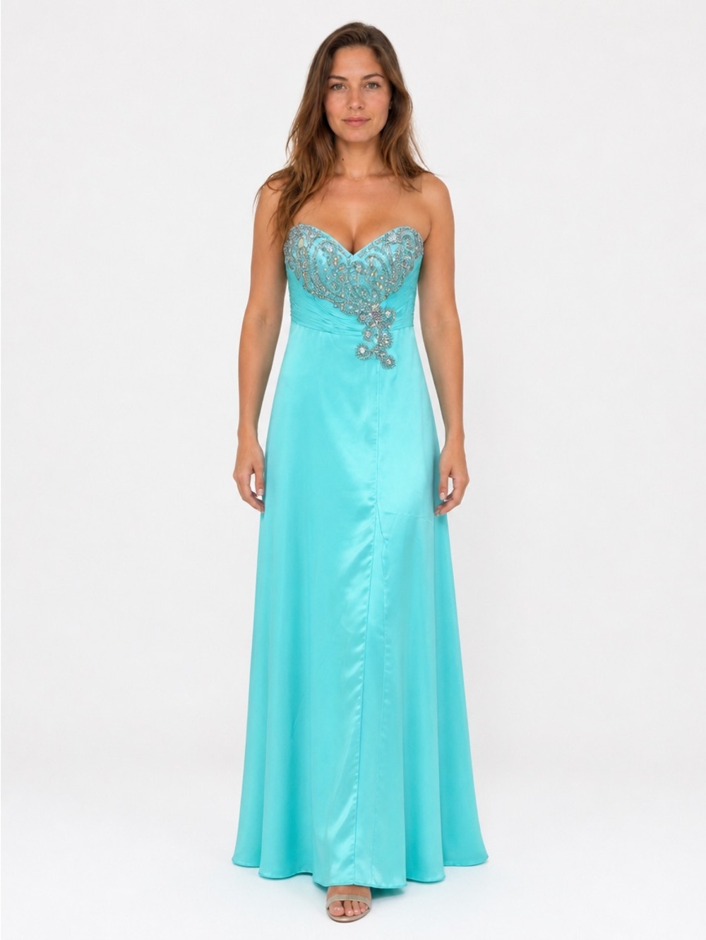 Aqua Beaded Asymmetrical Evening Dress